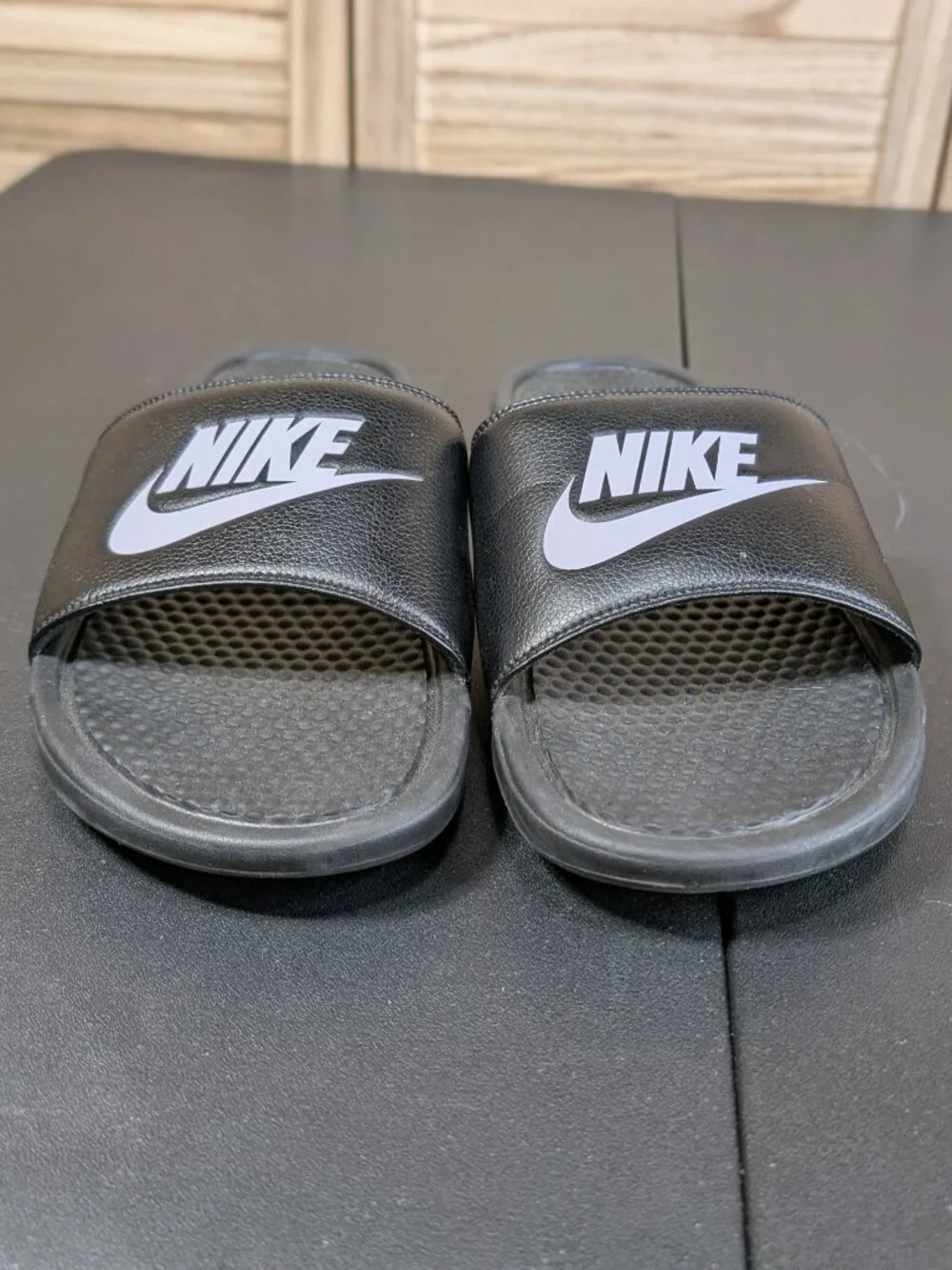 Nike Black Slides with White Swoosh Size 15